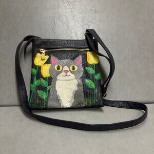 One-Of-A-Kind Hand Painted Gray Cat With Yellow Tulips On Black Crossbody Bag